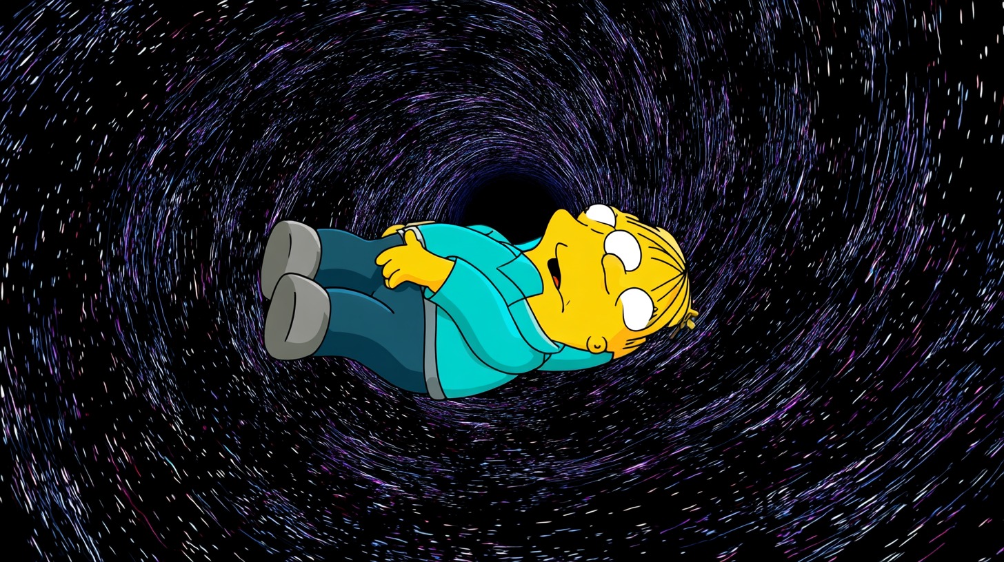 Ralph Wiggum floating in a swirling vortex